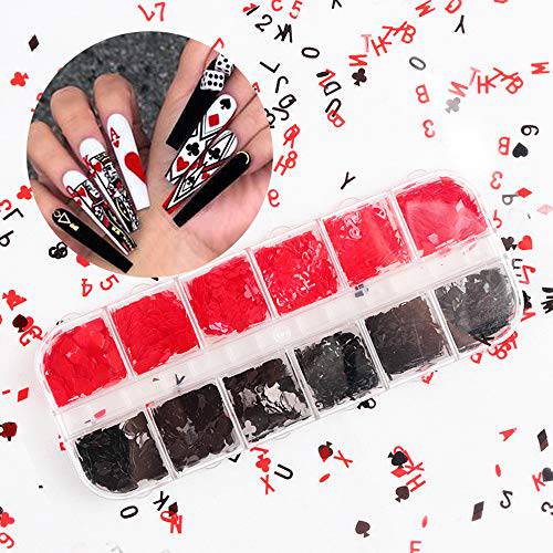 Macute Nail Art Glitters Set of 12 Grids Nail Sequins Holographic Poker Nail Glitters Red and Black Heart Letter Nail Art Decals Nail Confetti for Acrylic Nail Art Decoration Eye Face Body DIY Crafts