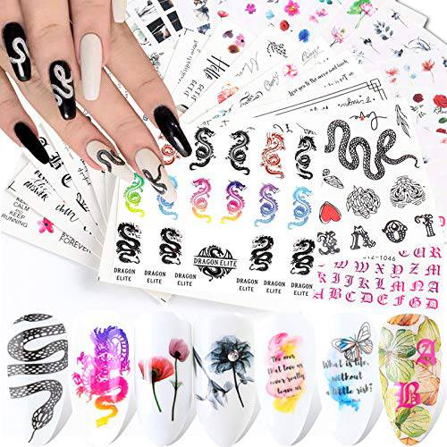 24 Sheets Nail Art Stickers Decals Snake Dragon Letters Nail Art Supplies Nail Water Transfer Foil Accessories Fashion Street Color Flower Letter Designs Nail Stickers for Acrylic Nails Art Decoration