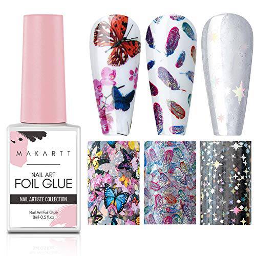 Makartt 2pcs Nail Art Foil Glue Gel with 30 Sheets Flower Transfer Foil Stickers& Gel Base Top Coat Set,All in One Adhesive Nail Decals Nail Design Kit for DIY Nail Decoration Women Girls