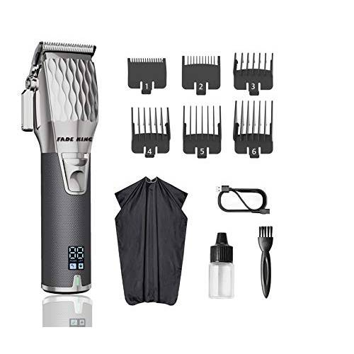FADEKING Professional Hair Clippers for Men - Cordless Barber Clippers for Hair Cutting, Rechargeable Hair Beard Trimmer with LCD Display & Travel Storage Case (Silver+Black)