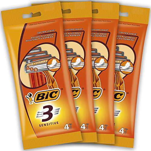 BIC 3 Sensitive, Men’s Disposable Razors, Fixed Head Triple Blade for a Close Shave, Bundle of 4 Packs of 4