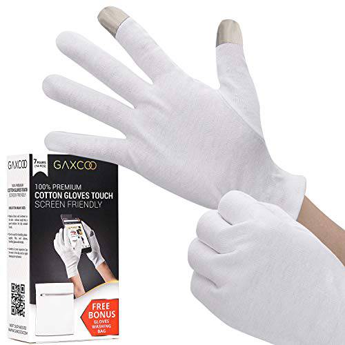 White Gloves Moisturizing Overnight Bedtime Cotton | White Inspection Premium Cloth Quality | Eczema Dry Sensitive Irritated Skin Spa Therapy Secure Wristband (100% Cotton, 1 Pair)