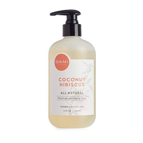 DANI Natural Moisturizing Liquid Handwash Naturals -Tropical Coconut Hibiscus Scented - Gentle Soap with Organic Aloe Vera - 12 Ounce Bottle Pump Dispenser