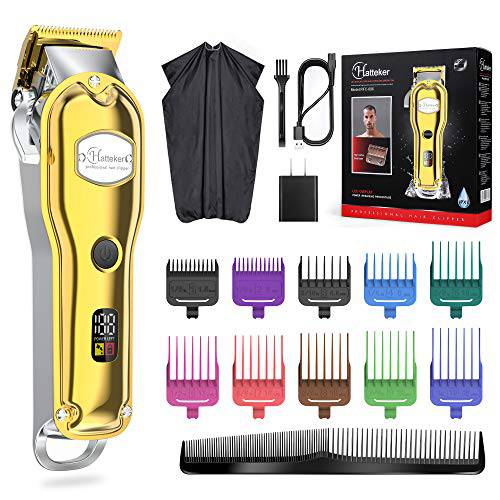 Hatteker Mens Hair Clipper Beard Trimmer Hair Trimmer for Men Cordless Clippers Professional Barbers Grooming Kit IPX7 Waterproof, Rechargeable, Colorful Combs, Gold