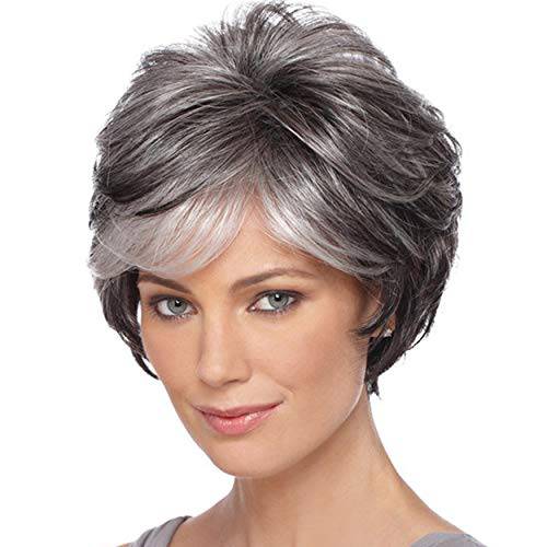 RENERSHOW Short Grey Pixie Cut Wigs for Women layered Synthetic Hair Mixed Gray Wig with White Bangs Natural Wavy Wigs for Old Lady