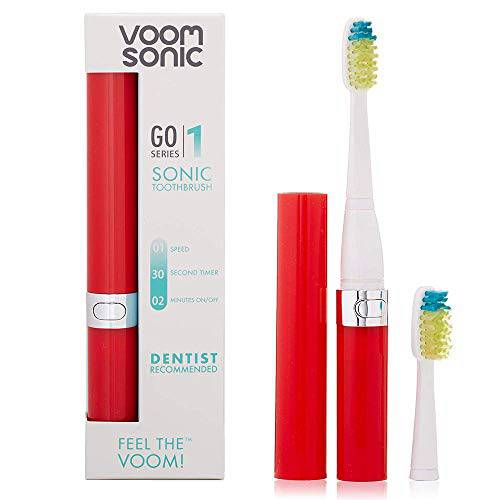 Voom Sonic Go 1 Series Battery-Operated Electric Toothbrush, Dentist Recommended, Portable Oral Care, 2 Minute Timer, Light Weight Design, Soft Dupont Nylon Bristles, Metallic Red