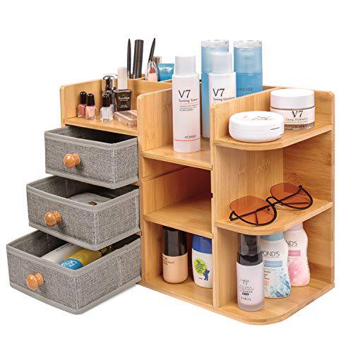 Bamboo-Makeup-Cosmetic-Storage-Organizer, Multi-Function wood Cosmetic Large Capacity Make up Caddy Shelf Cosmetics Organizer Box, Natural Bamboo