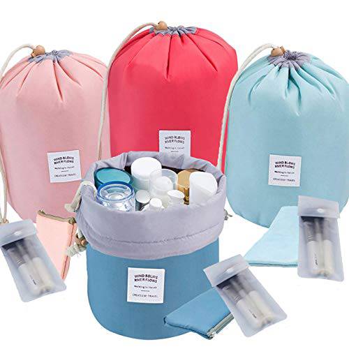 INVODA Cosmetic Bag 4 Pieces Barrel Shaped Travel Makeup Bags Large Capacity Soft Waterproof Portable Drawstring Cosmetic Bag Multifunctional Bucket Toiletry Bag (Green+Pink+Blue+Red)