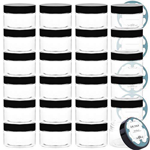 Qeirudu 4 oz Plastic Jars with Lids, 24 Pack Empty Clear Round Plastic Containers with Lids and Labels, Refillable Body Butter Containers for Cosmetic, Sugar Scrubs, Lotion, Creams