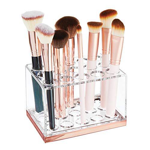 mDesign Plastic Makeup Brush Storage Organizer with 15 Slots for Bathroom Countertop, Vanity to Hold Eye/Lip Pencils, Lip Gloss, Liners, Lipstick - Clear/Rose Gold
