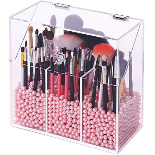 FOOCORDDY Covered Makeup Brush Holder with Dustproof Lid and Pearls Beads, Large Capacity Acrylic Clear Cosmetic Brush Storage Organizer for Vanity