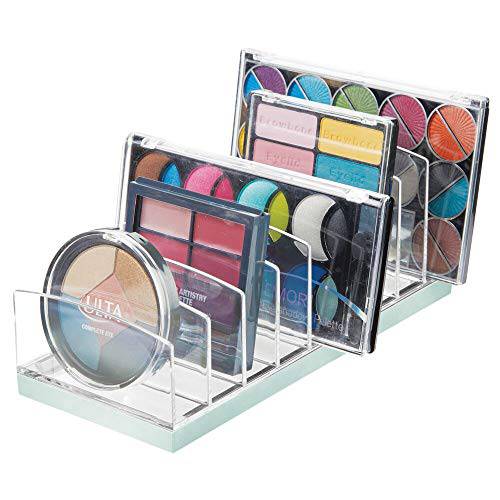 mDesign Plastic Divided Cosmetic Palette Organizer with 9 Sections - Makeup Storage for Bathroom Vanity, Cabinet, Drawer - Holds Eyeshadow, Blush, Powder - Lumiere Collection - Clear/Mint Green
