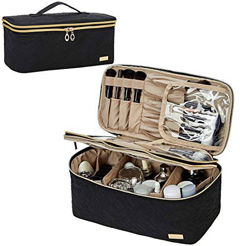 NISHEL Double Layer Travel Makeup Bag with Strap, Large Cosmetic Case Organizer Fits Bottles Vertically, Top Layer for Brushes, Tweezers, Eyeliner, Aegean-Blue