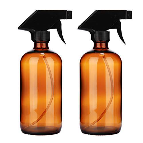 Chef’s Star Glass Spray Bottles for Cleaning Solutions, Plants, and Hair, Empty Refillable Misting Spritzer with 3 Adjustable Spray Settings, 16 Oz, Pack of 2, Amber