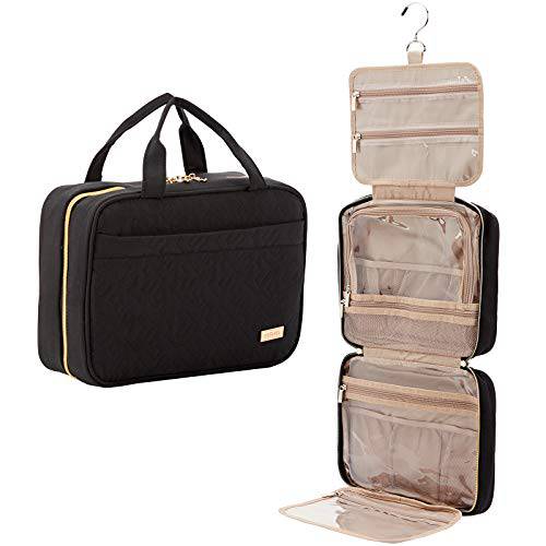 NISHEL Large Hanging Travel Toiletry Bag, Portable Makeup Organizer, Cosmetic Holder for Brushes Set, Full-Sized Shampoo, Conditioner, Accessories, Black