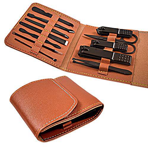 Tirdkid Gift for Man/Woman Nail Clipper Set, Manicure Set,fingernail clippers kit, Sharp Black Stainless Steel Pedicure and Manicure kit with PU Leather Case（Brown 12 In 1）