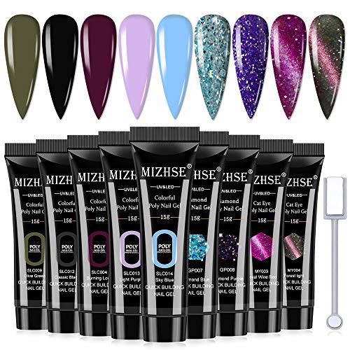 MIZHSE Poly Nails Gel Kit - 2x Glitter Poly Gel Nail and 1x Green Pink Cat Eye Nail Extension Gel 7x Colors Builder Gel Thickening Solution Gel for Starter and Professional
