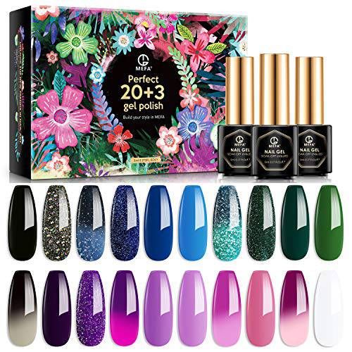 MEFA Color Changing Gel Nail Polish Set 20+3 Pcs, Soak Off Glitter Colors Nail Gel Kit with Glossy & Matte Top and Base Coat, Special Collection Trend in 2022 Gift for Girlfriend Manicure Nail Art Salon, Magic Garden