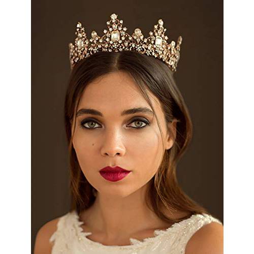 SWEETV Jeweled Baroque Queen Crown for Women - Rhinestone Wedding Tiaras and Crowns, Bronze Costume Hair Accessories for Cosplay Birthday Party, Victoria