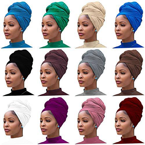 12 Pieces Head Wrap Scarf Stretch Jersey Turban Extra Long Ultra Soft Urban Headwraps for Women Solid Color African Headwear Headband Tie (Set 01)