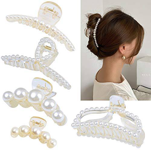 DEEKA 5 Pcs Large Pearl Hair Claw Clips White Black Hair Clips Thick Long Hair Jaw Clips Barrettes Hair Accessories for Women and Girls
