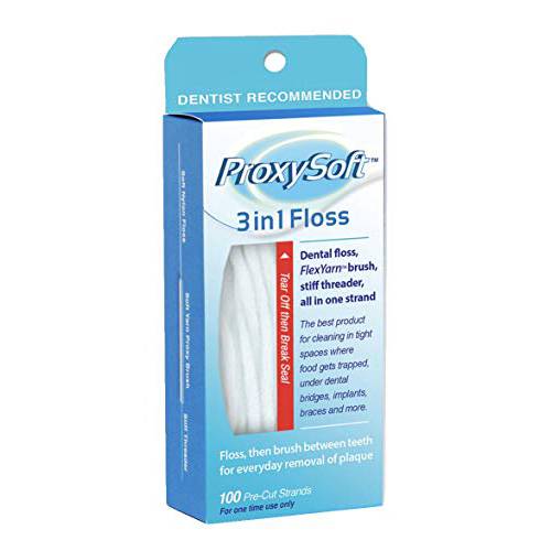 ProxySoft 3-in-1 Dental Floss for Optimal Teeth Flossing​- 2 Packs Pre-Cut Ortho Floss Threaders for Braces, Tight Spaces, Bridges, Implants with Built-in Soft Proxy Brush and Stiff Threader Flosser