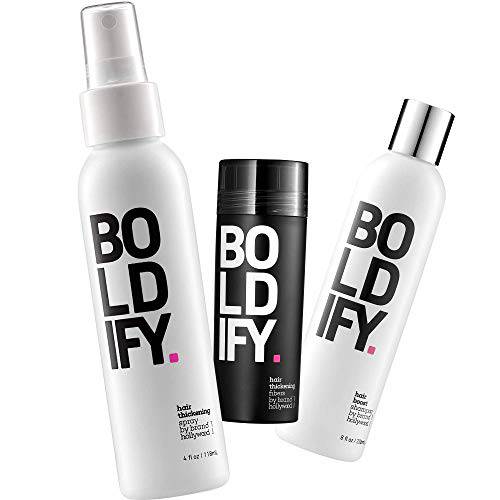 Thickening Spray + Hair Fiber (Dark Brown) + Shampoo: Boldify Thicken Up Bundle: Volume, Root Lift, Texture for Thinning Hair