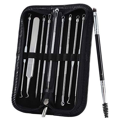 9PCS Blackhead Remover Comedone Extractor, Pimple Extractors Extractor Kit, Popper Extraction Tool Loop Curved Tweezers with free double-headed eyebrow brush
