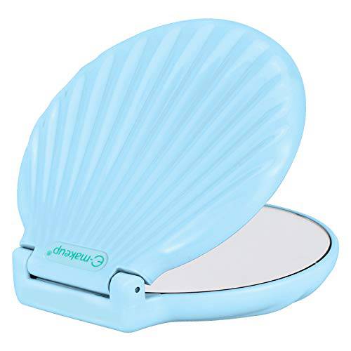 Shell Compact Mirror Lighted,1x/2x Magnifying Mirror with LED Lights, Dimmable,Rechargeable,Handheld Mirror, Travel Makeup Mirror for Purse,Round Mini Mirror, Unique Gifts for Women/Man,Blue Electric