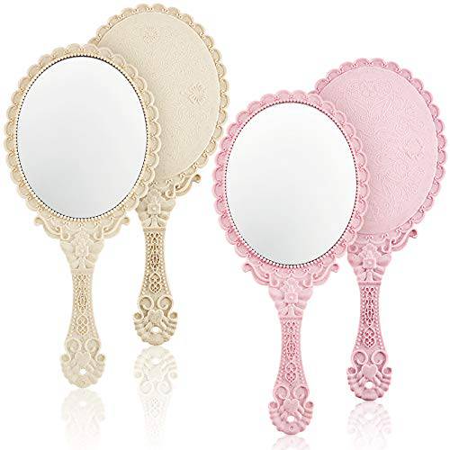 2 Pieces Vintage Handheld Mirror Portable Embossed Flower Mirror Hand Held Decorative Mirrors Compact Mirror with Handle for Face Makeup Travel Personal Cosmetic Salon Mirror (Pink, Cream)