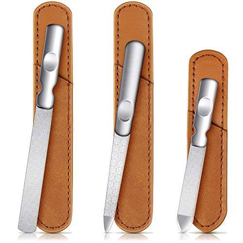 3 Pieces Stainless Steel Nail Files with Leather Case, Double Sided Metal Nail Files with Anti-slip Handle, Metal Nail File Buffer Manicure Pedicure Tools for Fingernail Toenail, Fine and Coarse