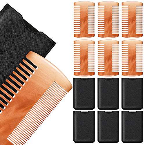 6 Pieces Beard Comb Natural Sandalwood Wooden Moustaches Combs Dual Action Teeth Beard Comb with 6 Pieces Pocket Faux Leather Case for Beards Moustaches (Black, Yellow, Brown)