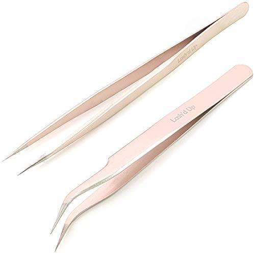 Lash’d Up 2 Pcs Pink Stainless Steel Tweezers for Eyelash Extensions, Straight and Curved Tip Tweezers Nippers, False Lash Application Tools