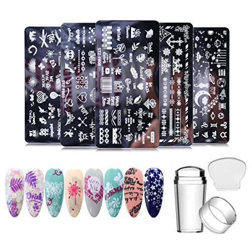 5 Pieces Nail Stamping Plate Template Set Nail Art Template + 1 Stamp +1 Scrapter Word Heart Letter Love Patterns Nail Art Stamper Template Manicure Tools Nail Art Stencil Nail Polish Supplies