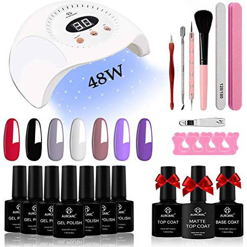 Gel Nail Polish Kit with UV Light Starter Kit, Gel Nail Polish Set with 1 Glitter Gel Nail Polish 6 Nude Colors, Gel Manicure Kit Professional with 48W LED Nail Lamp Base Coat and Top Coat for Women Beginners