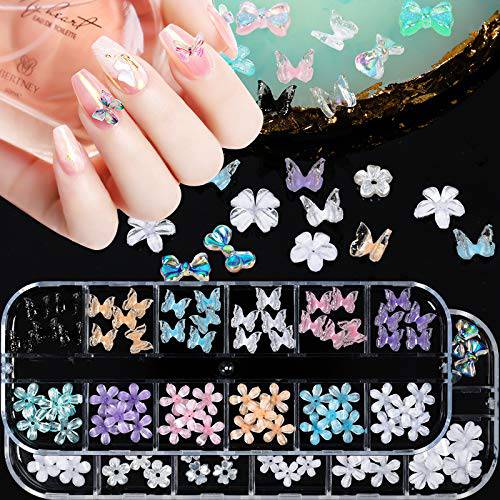 3D Colorful Cherry Blossom Flower Nail Charms Acrylic Color Mix Sizes Flower Nail Charms With Starry AB Nail Rhinestones Crystals Gold Butterfly Rivets for Nail Art DIY Jewelry Craft Decor