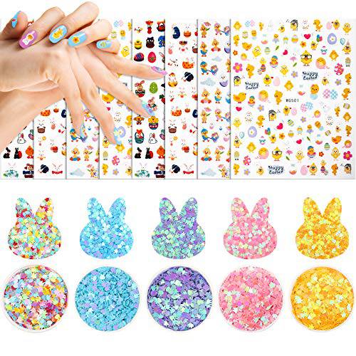 Linyuthia Easter Nail Decals Set Includes 778 Pieces Nail Decals Self-Adhesive Bunny Nail Art Stickers and 5 Bags Bunny Nail Sequins Nail Glitters DIY Nail Decorations for Women Girls