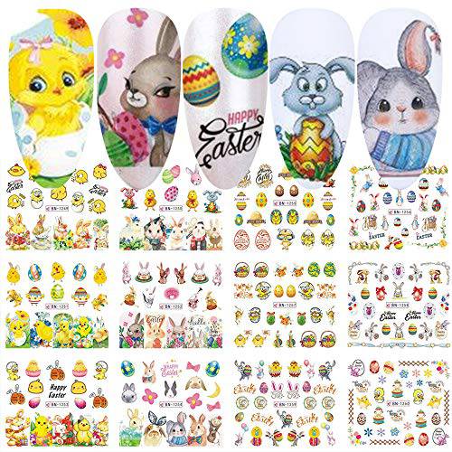 Easter Nail Art Stickers Water Transfer Nail Decals 12 Sheets Easter Egg Bunny Chick Design Nail Stickers Nail Wraps DIY Manicure Tips Accessories for Women Girls Nail Art Decorations