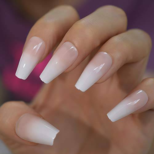 CoolNail Glossy Ombre Pink Nude White French Ballerina Coffin False Nail Gradient Natural Press on Ballet Fake Nails Tips Reusable Wear
