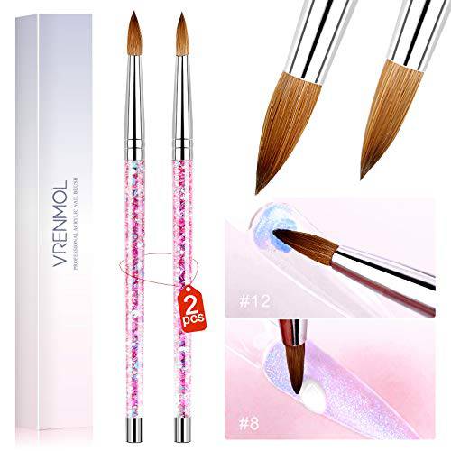 Vrenmol 2pcs Acrylic Nail Brush Set - Size 8 & 12 Acrylic Nail Brushes for Acrylic Application Pink Nail Art Brush for Nails Extension Carving with Glitter Handle for Beginner & Professional