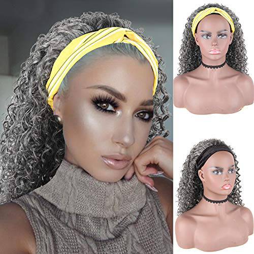 Curly Wave Loose Wave Headband Wigs with Headbands Attached Half Wigs for Black Women Cute Dark Gray Wig,CINHOO Afro Kinky Curly Black Hair Wig Synthetic Headband Wigs for Black Women(Grey)