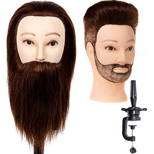 Stancia Male Mannequin Head,Training Head with 100% Human Hair,14” Barber Mannequin Head, Hairdresser Manikin Head, Training Doll Head for Hair Styling and Practice(with Beard,Dark Brown)