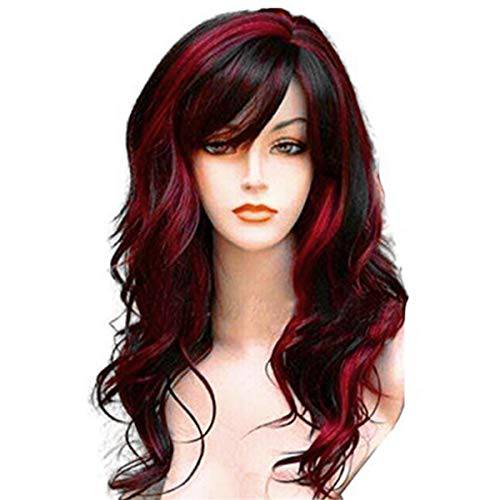 WeAlake Long Hair Wigs Wavy Curly 24 Glamorous Women Black Red Highlights Synthetic Cosplay Daily Party Clothing Wig with Wig Cap