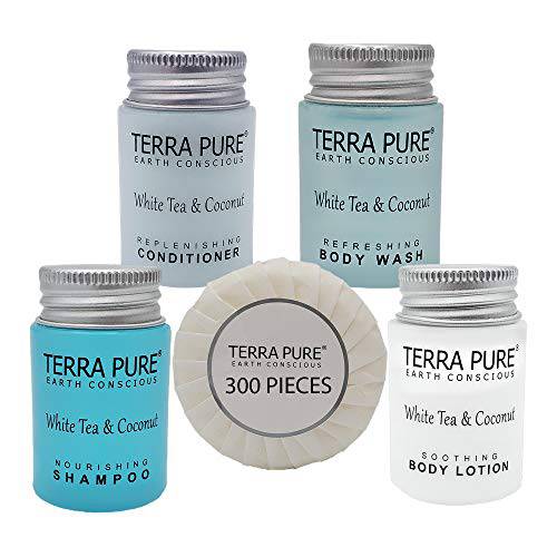 Terra Pure White Tea and Coconut Hotel Soaps and Toiletries Bulk Set | 1-Shoppe All-In-Kit for Hotels | 1oz Shampoo & Conditioner, Body Wash, Lotion & 1.25oz Bar Soap | Travel Size Toiletries 300 Pieces