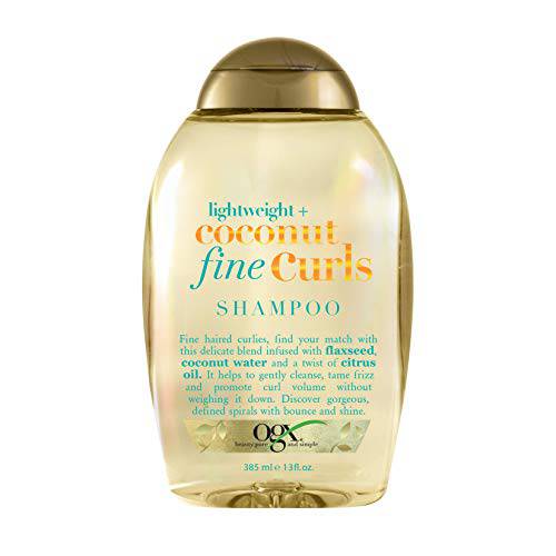 OGX Lightweight + Coconut Fine Curls Shampoo, Lightweight, Shampoo for Curly Hair, Coconut Water Shampoo, Flaxseed Oil, Citrus Oil, 13oz