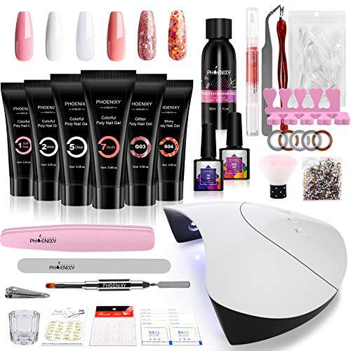 Poly Nail Gel Kit, Phoenixy 6 Colors Poly Nail Extension Gel Kit with 36W LED U V Nail Lamp Basic Nail Art Tools All In One Manicure Starter Kit Gift