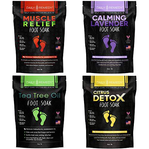 DAILY REMEDY Foot Soak Salts- Variety Pack of 4- Tea Tree Oil, Muscle Relief, Calming Lavender & Citrus Soak- For Foot Pain, Soreness, Athlete’s Foot, Odors, Calluses-Made In USA