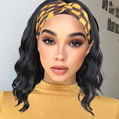 Oseti Short Curly Headband Wigs for Black Women Black Wavy Wigs with Headbands Attached Body Wave Wig Head Wrap Wigs with Ice Silk Turban Synthetic Headband Wigs for Women Short Loose Bob Wig 14Inch