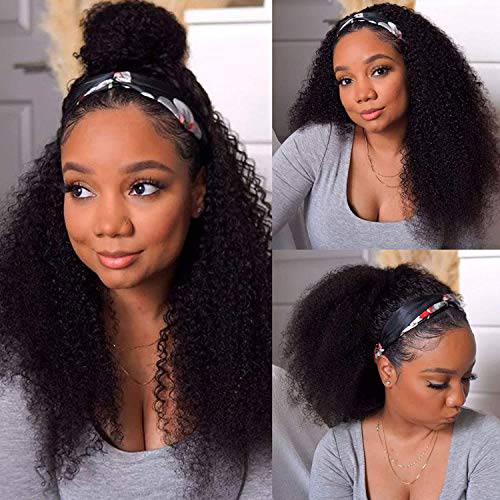 Silky Longess Headband Wig Human Hair Curly Headband Wig Glueless None Lace Front Kinky Curly Headband Wigs Human Hair Wigs for Black Women (8 Inch, Natural Color)