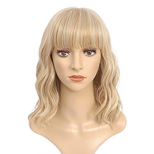 Blonde Wigs For Women Short Wavy bangs Cosplay Wig Shoulder Length Women’s Short Bob Wig Natural Heat Resistant Synthetic Wigs Suitable for Daily Wear